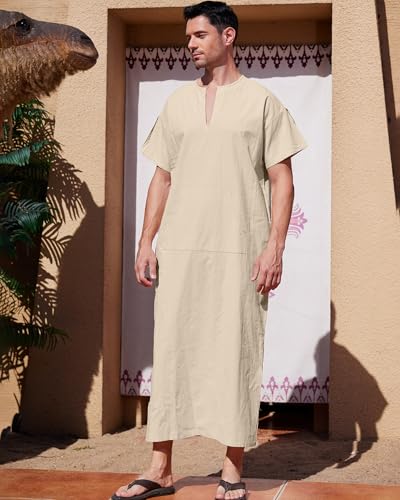 YAOHUOLE Men's Short Sleeve Kaftan Thobe Side Split Caftan with Pockets Long Gown Thobe - color: Khaki, size: XX-Large