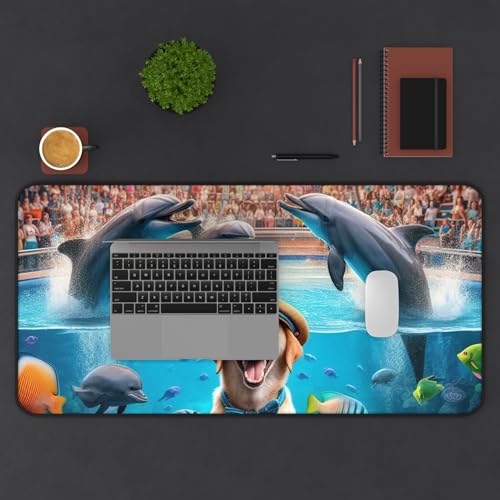 Dog Training Dolphins at an Aquarium - Vibrant Colors Rubber Base Smooth Surface Premium Desk Mat - size: 16" × 32"