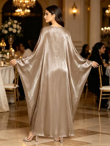 Shinsto Women Satin Prayer Dress Kaftan Robe Musulmane Femme Flashy Gown Luxury Party Wear Nightclub Outfit - color: Khaki, size: 1