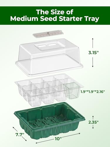 Seed Starter Tray 3 Pack with Heating Mat & 24 Full Spectrum LEDs Grow Light – Auto cycle Timer, Humidity Dome Ventilation Cover, Drainage Holes, Includes Gardening Tools – Transparent version - color: Transparent×3