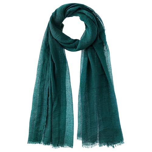 Nydotd Women Summer Cotton Linen Scarf Crinkle Long Beach Shawl Wrap hijab with Fringe - color: Dark Green