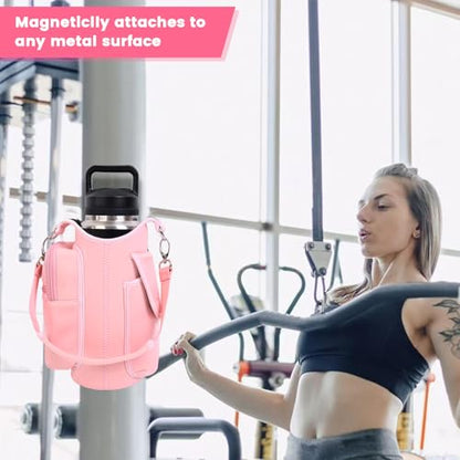 icolor Magnetic Gym Bag Water Bottle Carrier Holder with Phone Pockets & Shoulder Strap,Gym Magnetic Bag 5 Built-in Magnets Gym Accessories Organizer Sling Bottle Bag Pouch Sleeve - color: Pink