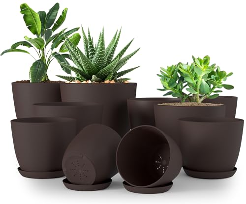 Plant Pots Indoor with Drainage, 10 Pack Multi-Size Planters Set, Brown | Drainage holes included Multiple sizes 7/6.6/6/5.3/4.8 In Indoor plants and flowers Durable plastic construction - color: Brown, size: Pack of 10
