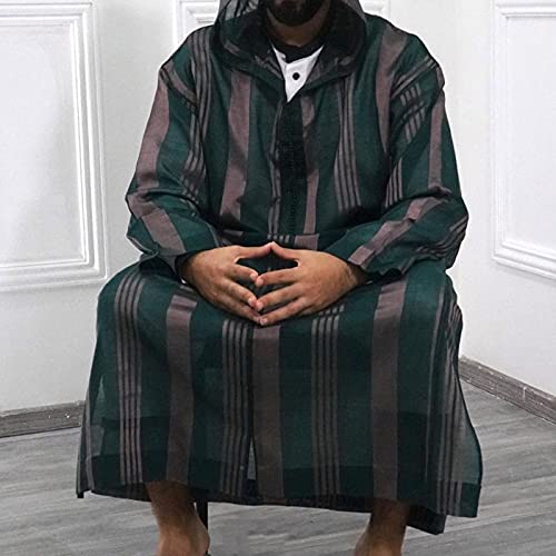 Mens Kaftan Hooded Robe Men Muslim Prayer Dress Red Stripe Gown Thobe Casual Long Shirt for Beach - size: 3X-Large