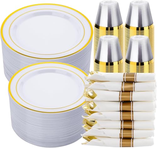 realluck 350 PCS White and Gold Plastic Dinnerware Set for 50 Guests, 100 Disposable Plates for Party, 50 Pre Rolled Napkins with Gold Silverware, 50 Cups - color: White Gold, size: 50 Guests
