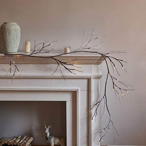 Hairui Lighted Garland Snow Flocked with Timer 6FT 48 LED Battery Operated Pre-lit Twig Vine Firepalce Mantle Table Winter Christmas Decoration Indoor Outdoor - color: Snow Dusted