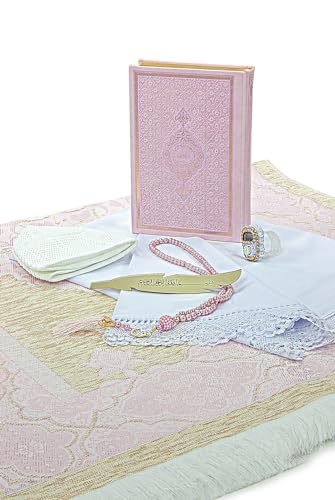 ihvan online Muslim Prayer Rug Set, Islamic Dowry Gift Box for Men & Women, Shawl, Kufi Hat, Digital Beads Counter, Quran Gift, Elegant Islamic Gifts Set for Ramadan & Eid & Wedding, Pink - color: Pink