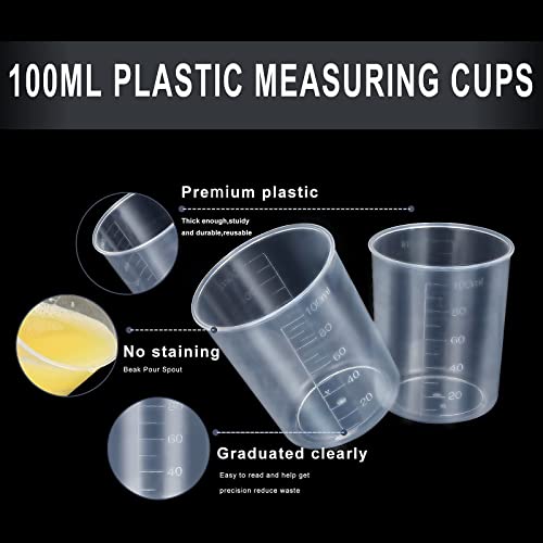 100Pcs 100ML Plastic Graduated Measuring Beaker Set, Clear Liquid Measuring Mixing Cups for Epoxy Resin, Liquid Container Beakers for Resin Epoxy Paint Food, Lab Use, Raised Graduations, Tapered Spout - size: 100ML