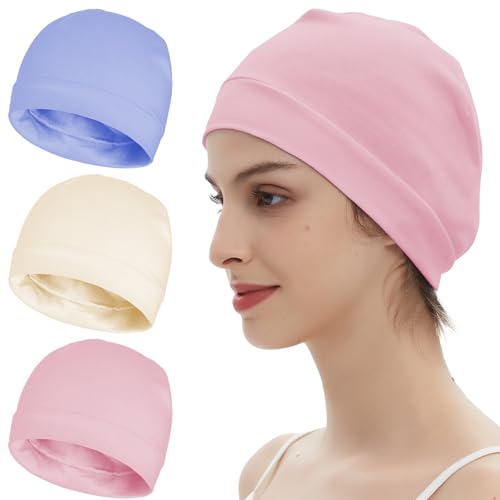 100% Cotton Skull Caps Beanie Bald Sleeping Hats for Men Women - color: 3pieces-beige,light Pink,ligth Blue