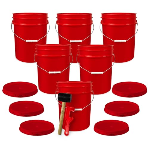 5 Gallon Bucket w/Lid, Food Grade BPA-Free, 6 Pack, Red | Airtight Lid, Mallet and Lid Opener Included, Heavy-Duty 90 Mil HDPE Plastic, Food-Safe Durable Container, Made in USA - color: Red, size: 6 Packs