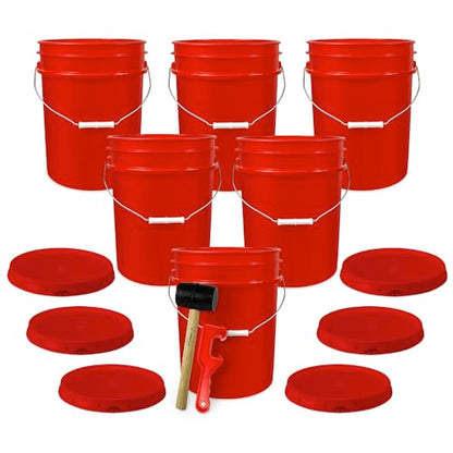 5 Gallon Bucket w/Lid, Food Grade BPA-Free, 6 Pack, Red | Airtight Lid, Mallet and Lid Opener Included, Heavy-Duty 90 Mil HDPE Plastic, Food-Safe Durable Container, Made in USA - color: Red, size: 6 Packs