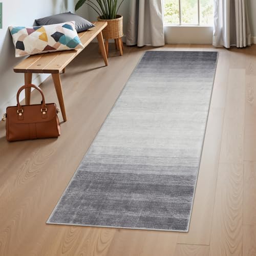 Wonnitar Modern Ombre 2x6 Hallway Runner Rug, Washable Grey Kitchen Rug Runner, Non-Slip Abstract Contemporary Laundry Room Carpet Runner Soft Low Pile Mat for Entryway Bathroom (Grey, 2'x6') - color: Grey, size: 2' x 6' (Rectangular)
