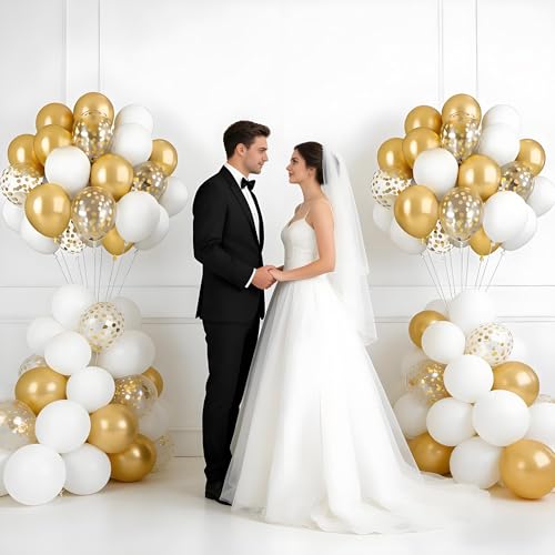 White Gold Balloons Set, 55pcs 12 Inch Metallic Gold and White Balloons Confetti Latex Balloon, Helium Party Balloon Set for Birthday Graduation Boho Wedding Baby Shower Party Decorations