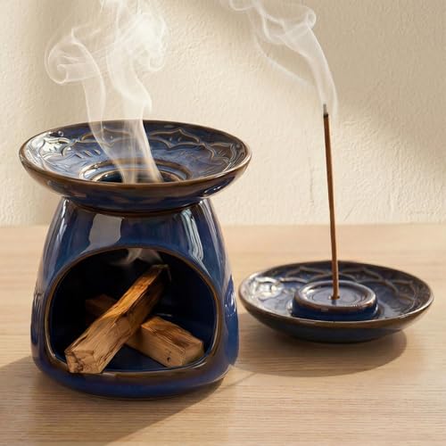Palo Santo Incense Holder, 3-in-1 Handcrafted Ceramic Sage Burner - color: Blue