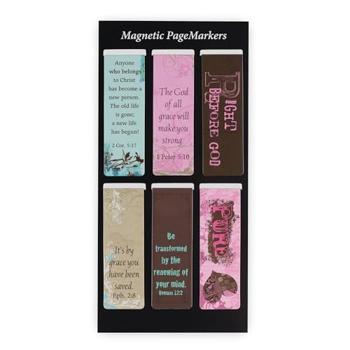 Christian Art Gifts Magnetic Scripture Bookmark Set for Women & Girls with Bible Verse: Grace - Vintage Floral Themed Inspirational Magnetic Pagemarkers Set of 6 for Bibles and Books, Size 2.3” x 0.8” - color: Grace