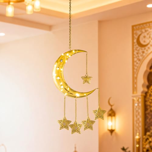 Ramadan Lights Home Decorations, Gold Metal Crescent Moon Hanging Star Lights, Battery Powered Wall Celestial Lamp, Eid Mubarak Bedroom Childrens' Room Window Door Decor, Islamic Muslim Gifts