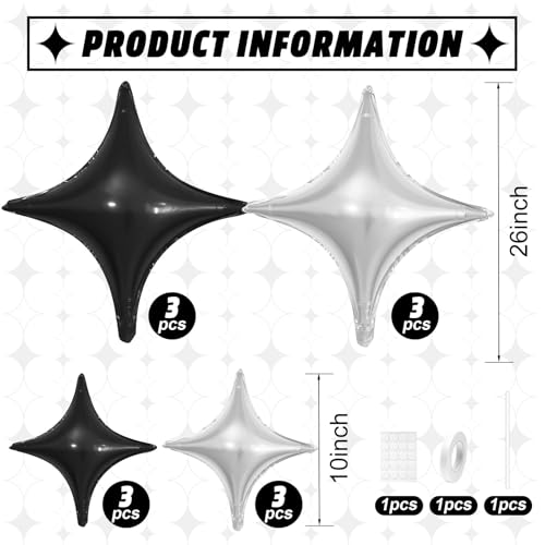 Black Silver Star Balloons,12Pcs Four Angle Star Foil Balloons - color: Black Silver