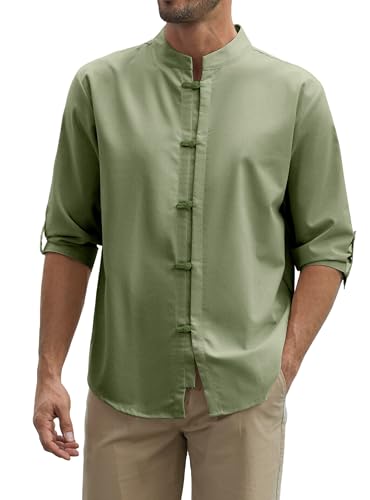 Zaitun Mens Cotton Linen Shirts Casual Buttons Down Roll-Up Sleeve Shirt Summer Chinese Style T-Shirts - color: Green, size: X-Large