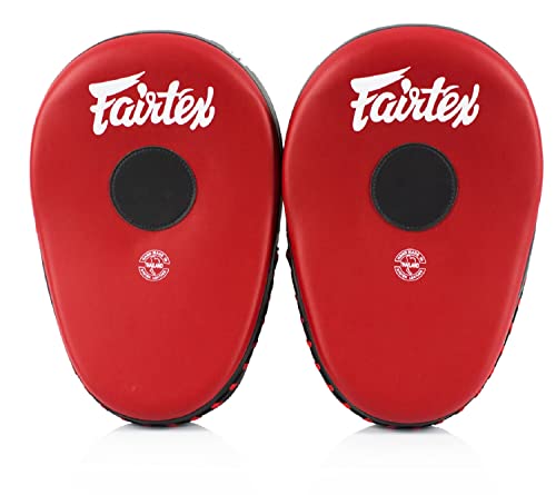 Fairtex FMV13 Maximized Focus Mitts, Muay Thai Kickboxing MMA Punching Pads | Premium Syntek leather shell with multi-layer foam. Curved shape with hook-and-loop wrist strap absorbs trainer strike impact - color: Red/Black