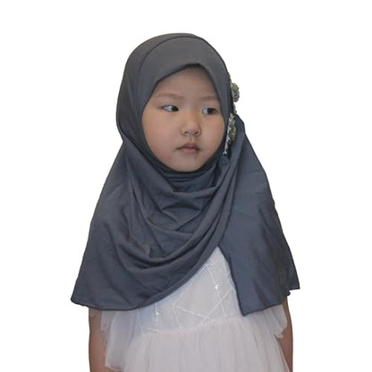 Soft Instant Hijab for Kids Girls Muslim Headscarf Islamic Scarf Shawl Wrap with Flowers - color: Gray-2 Flowers