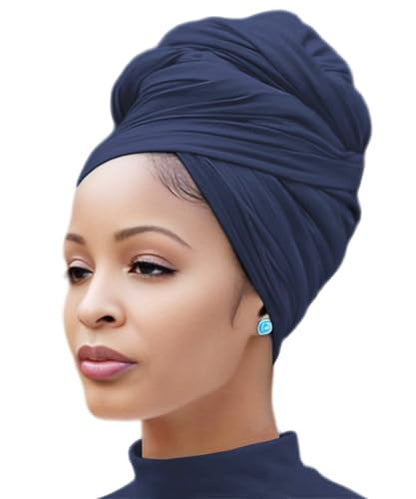 Nonbongoy Head Wraps for Black Women 71"x32" Long Soft Jersey Hijab Turban - color: 1- Navy Blue Headwrap