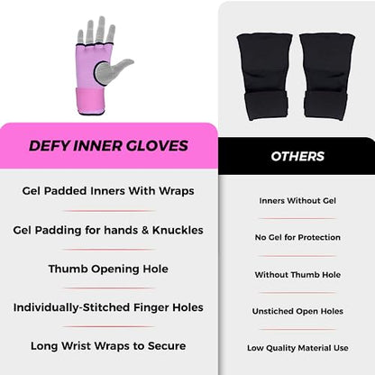 DEFY Padded Inner Gloves Quick 75cm Long Strap – Inner Boxing Gloves Gel Padded Knuckle Protection – Elasticated Boxing Hand Wraps for MMA Muay Thai Kickboxing Martial Arts Pair - color: Pink, size: Medium