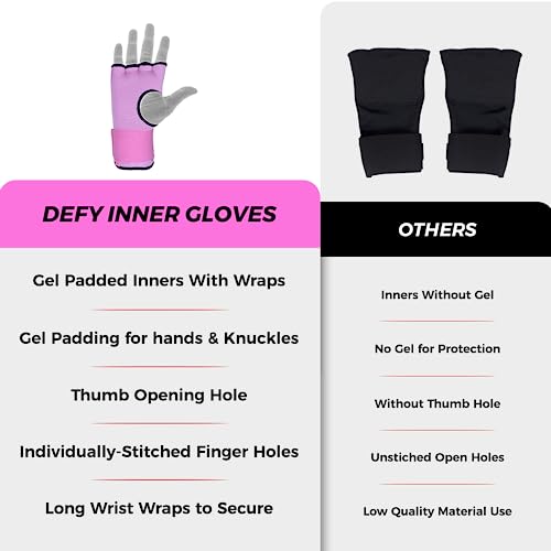 DEFY Padded Inner Gloves Quick 75cm Long Strap – Inner Boxing Gloves Gel Padded Knuckle Protection – Elasticated Boxing Hand Wraps for MMA Muay Thai Kickboxing Martial Arts Pair - color: Pink, size: X-Large