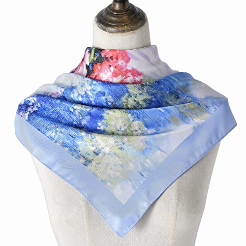 100% Mulberry Silk Scarf-Printed or Solid Color 35” Square Large Silk Hair Head Wrap Scarf With Gift Box Package - color: Angel Among the Flowers
