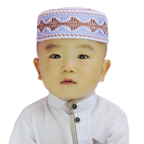 Boys Embroidered Kufi Muslim Prayer Hat Islam Skull Beanie Arabic Prayer Headwear Kofia Topi Taqiyah Hat 3-8Y - color: Blue (Hat Circum 50cm)