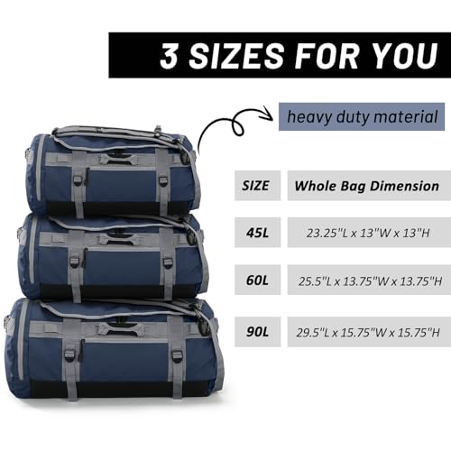 MIER 여행용 캠핑 체육관 스포츠용 대형 더플 백 백팩, 45L/60L/90L | 방수, 컨버터블 더플, 탈착식 백팩 스트랩, 신발 수납 공간, 튼튼한 타폴린, 3가지 사이즈 - color: 네이비 블루, size: 60L