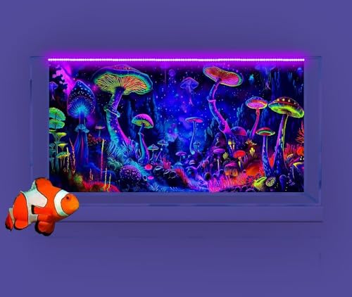 24X12IN Blacklight Mushroom Black Light Aquarium Background UV Reactive Background Starry Sky Terrarium Mushroom Theme Background with 10 EVA Double-Sided Tape - color: Violet bluish, size: 24X12in/60X30cm