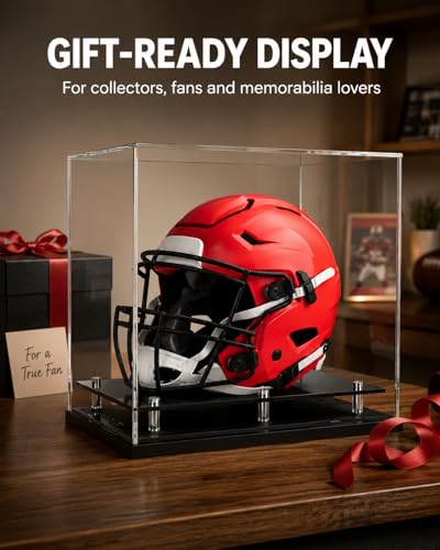 Football Helmet Display Case Full Size, Clear Acrylic Case with Black Base | Full size helmet display case for football, baseball or motorcycle helmets, clear acrylic, black base, self-assembly design. - size: Football Helmet Display Case