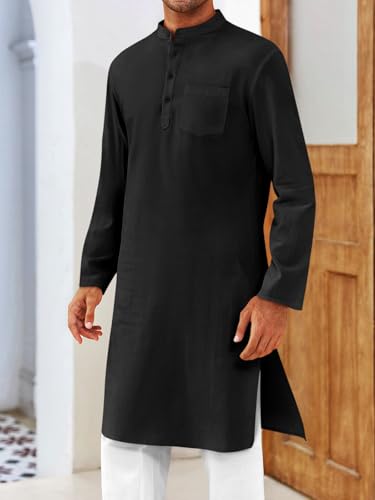 Gafeng Mens Kaftan Robe Button Down Long Sleeve Henley Cotton Thobe Casual Side Split Gown Shirt - color: Black, size: XX-Large