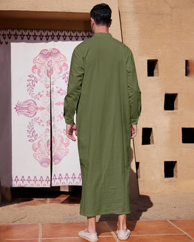 YAOHUOLE Muslim Thobe for Men Button down Mens Caftans Big and Tall Mens Arab Thobe with Pocket - color: Army Green, size: Large