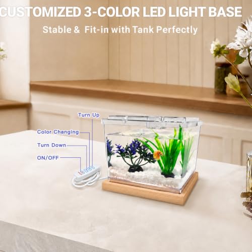 MoonOrange Mini Betta Fish Tank Kit with LED Light Base, 0.2 Gallon Temporary Holding Tank with Artificial Plants (Kit-2)