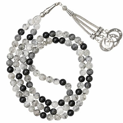 Amazing Gemstone Black Rutilated Quartz Tasbeeh with Moon and Star Charm - Certified Crystal Muslim Prayer Beads Natural Gemstone Tasbih Gift for Ramadan Dhikr and Daily Namaz (S) - color: Black Rutilated Quartz