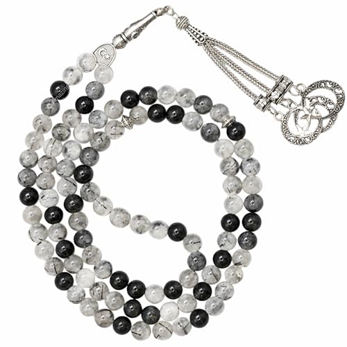 Amazing Gemstone Black Rutilated Quartz Tasbeeh with Moon and Star Charm - Certified Crystal Muslim Prayer Beads Natural Gemstone Tasbih Gift for Ramadan Dhikr and Daily Namaz (S) - color: Black Rutilated Quartz