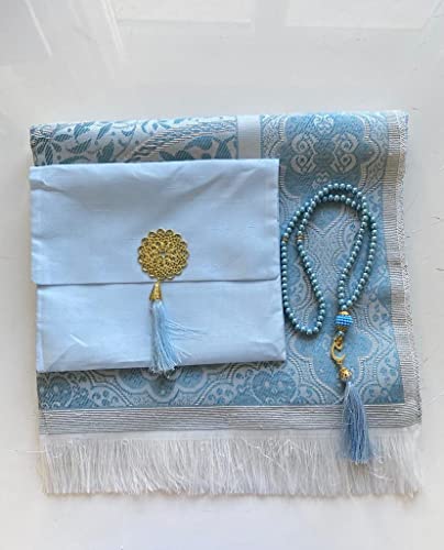 Muslim Prayer Rug and Beads with Elegant Slub Fabric Bag | Janamaz | Sajadah | Soft Islamic Prayer Rug | Islamic & Mawlid Gifts | Prayer Carpet Mat, Taffeta Fabric (Blue, 20 Sets) - color: Blue, size: 20 Sets