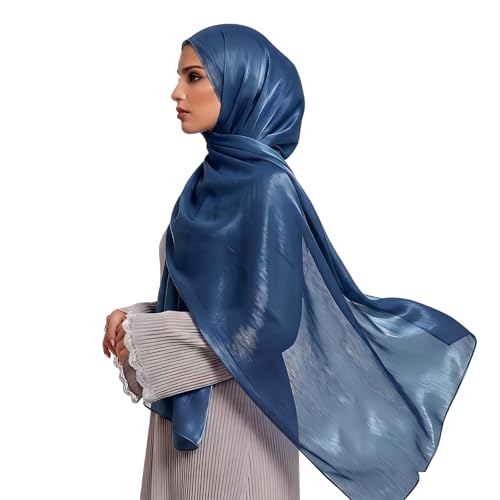 Organza Sheen Shimmer Crepe Hijab Scarf for Women Lightweight Sheer Shawl Wrap for Wedding and Evening Dresses - color: Navy Blue