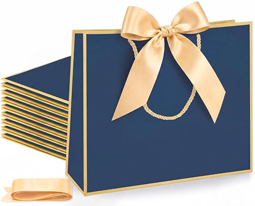 Silkfly 12 Pcs Paper Gift Bags with Handles & Bow Ribbon, Navy Blue - color: Navy Blue