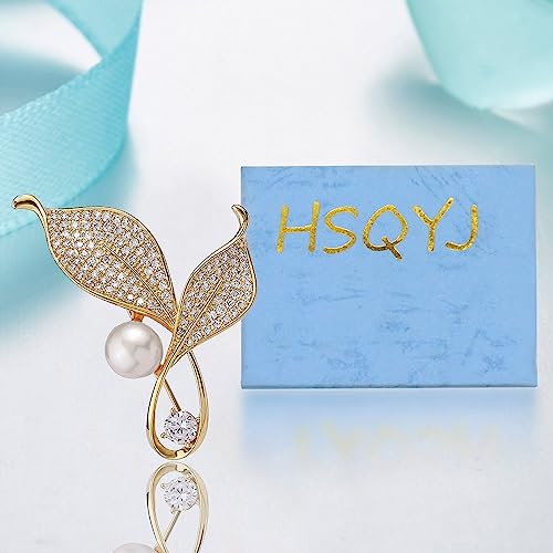 Crystal Pearl Flower Brooches Pins Fashion Beautiful Created Rhinestone Floral Brooch Good Idea for Party Dance Wedding Banquet for Elegant Women Girl - color: Gold Leaves