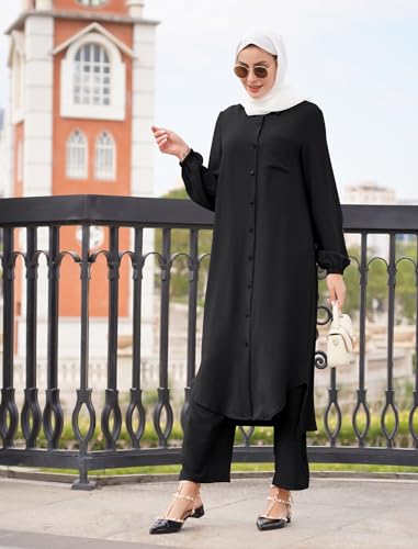 Women's Muslim 2 Pieces Sets Long Sleeve Button Down Shirt and Pants Abaya Casual Dress Dubai Outfits - color: Black, size: Large