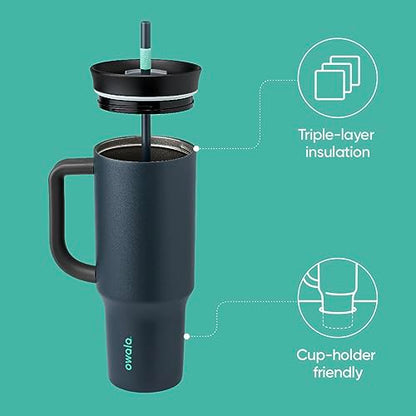 Owala Stainless Steel Triple Layer Insulated Travel Tumbler with Spill Resistant Lid, Straw, and Carry Handle, BPA Free, 40 oz, Gray (Foggy Tide) - color: Foggy Tide, size: 40 Ounces (Pack of 1)