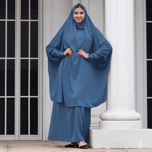 Abayas for Women Muslim Chiffon Prayer Burqa Dress Burkas for Women Muslim Hijab Dress Full Length Islamic Veil Abaya Set - color: Blue