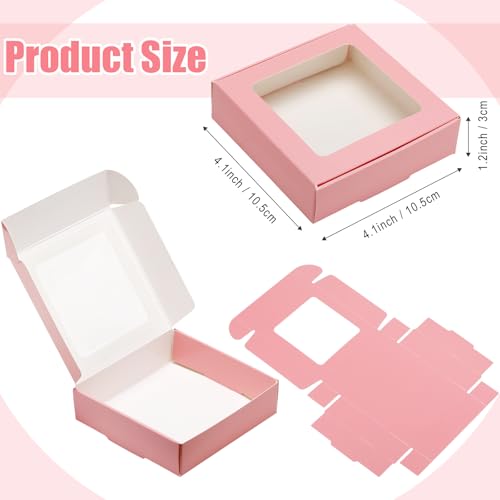 Zonon 30 Pcs Kraft Paper Boxes with Window 4.13 x 4.13 x 1.18 Inch Candy Packaging, Small Gift Boxes, Soap holder, Mini Treat Packaging for Bakery Chocolate Jewelry Display (Pink) - color: Pink