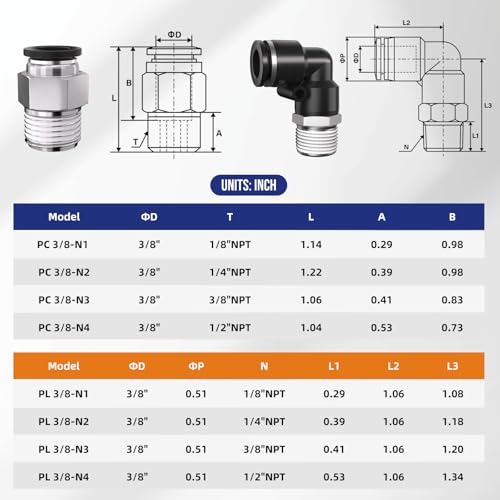 3/8 Push to Connect Fittings npt Thread to 3/8 Air Line quick | Pneumatic Tubing Hose 3/8 OD Tube to 3/8 npt, Male Elbow 90 Degree Straight Coupler - size: 3/8"OD x 3/8"NPT