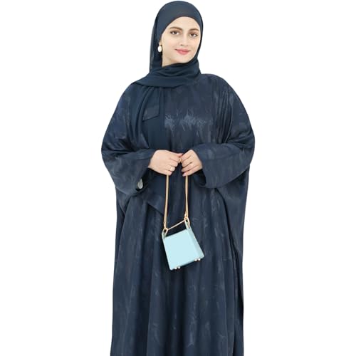 khalat Abaya Muslim Dress Women Satin Jacquard Prayer Dress Batwing Long Sleeve Islamic Dubai Robe with Chiffon Hijab - color: Blue