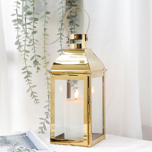 JHY DESIGN 15" H Stainless Steel Decorative Candle Lanterns with Tempered Glass Vintage Elegance for Indoor Outdoor Events Parties and Weddings(Gold) - color: Gold