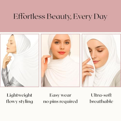 Premium Bamboo Jersey Hijab Scarves -Turban Head Wraps for Women, Fashion Headbands Long Plain Muslim Shawls - color: White