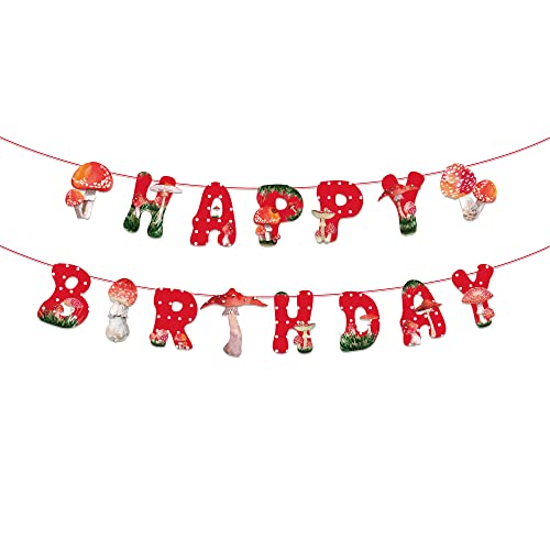Red Mushroom Happy Birthday Banner, Watercolor Mushroom Banner, Colorful Mushroom Theme Boys Girls Kids Home Classroom Baby Showers 1st Birthday Party Decorations Supplies - color: Red Mushroom